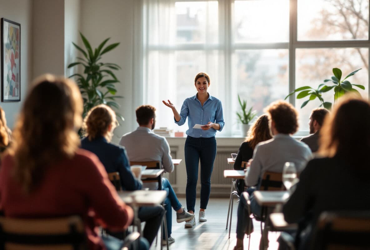 A facilitator leading a staff workshop in a bright training room
