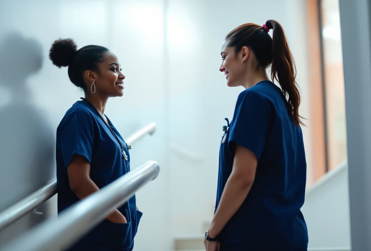 Two nurses talking on a hospital stairwell landing