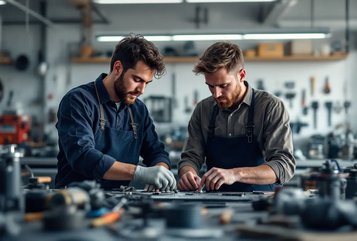 A technician and an apprentice working side by side at a workbench