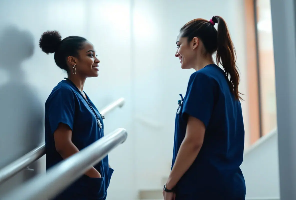 Two nurses talking on a hospital stairwell landing