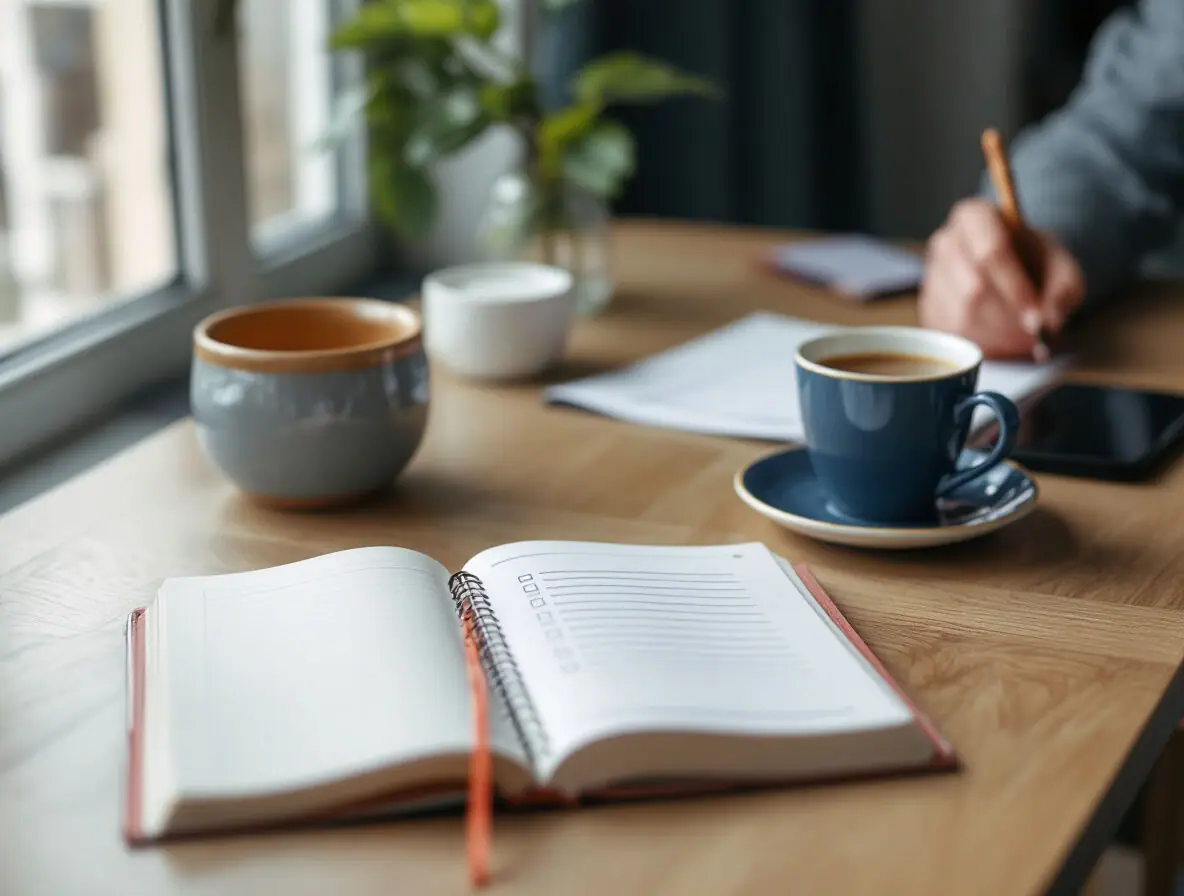 A notebook and checklist on a desk by a window
